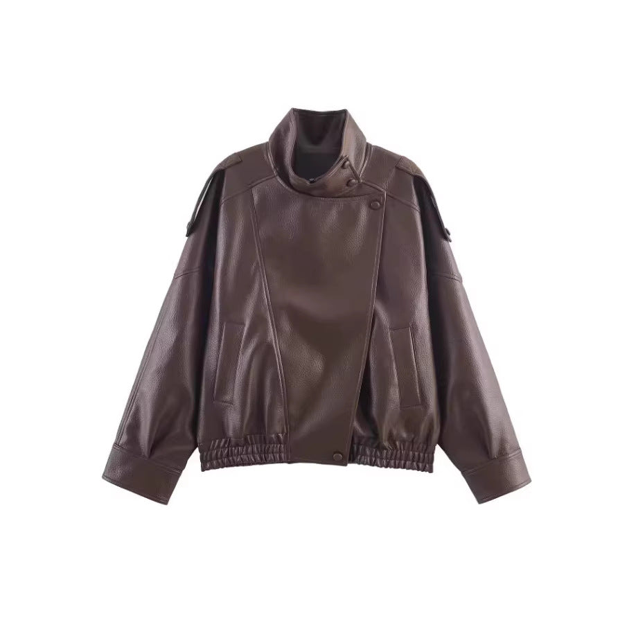 Funnel Neck Faux Leather Jacket