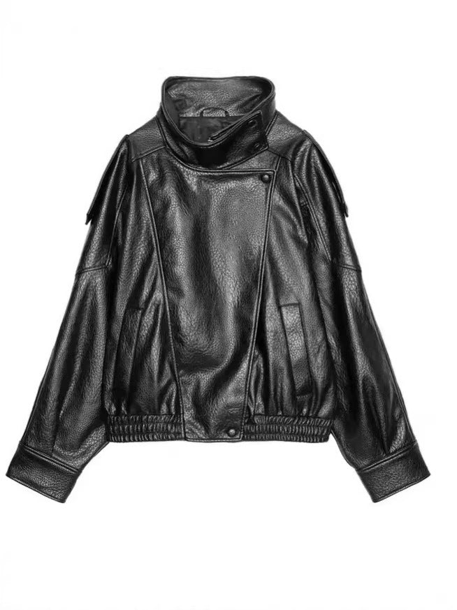 Funnel Neck Faux Leather Jacket