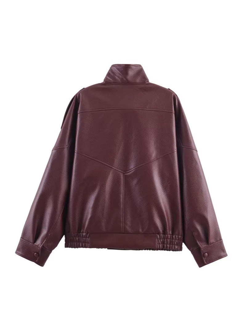 Funnel Neck Faux Leather Jacket