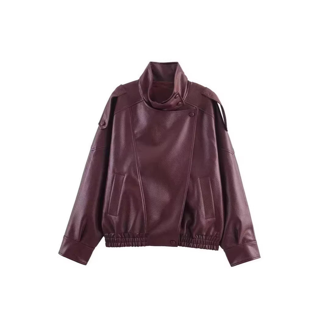 Funnel Neck Faux Leather Jacket
