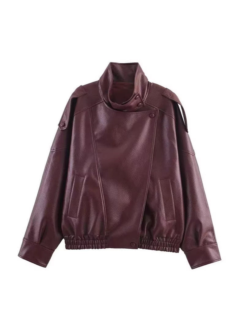 Funnel Neck Faux Leather Jacket