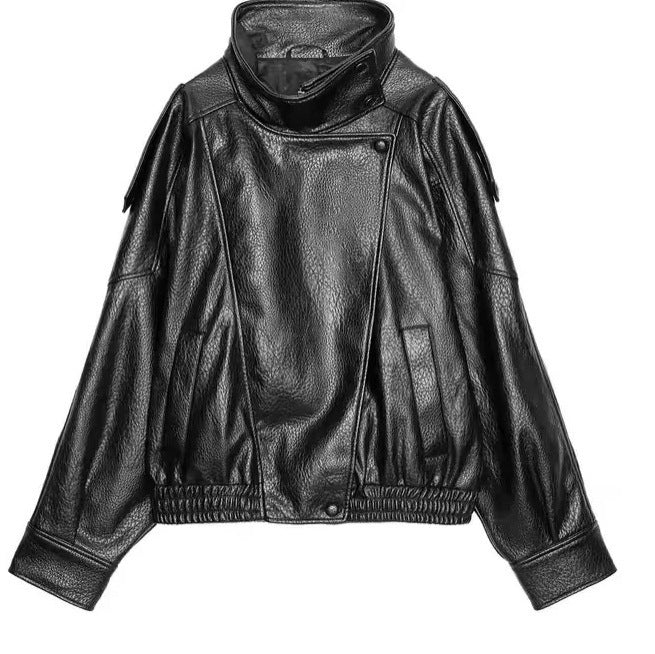 Funnel Neck Faux Leather Jacket